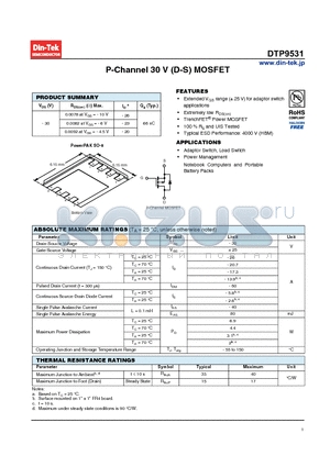 DTP9531_13 datasheet - P-Channel 30 V (D-S) MOSFET Extremely low RDS(on)
