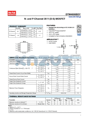 DTM4606BDY datasheet - N- and P-Channel 30 V (D-S) MOSFET Halogen-free