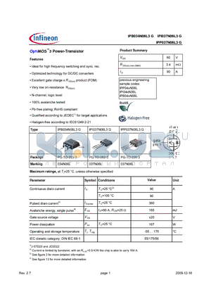 IPB034N06L3G datasheet - OptiMOS3 Power-Transistor