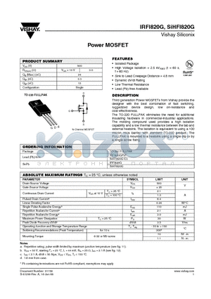 IRFI820G datasheet - Power MOSFET