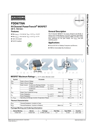 FDD6778A datasheet - N-Channel PowerTrench^ MOSFET 25 V, 14.0 mY