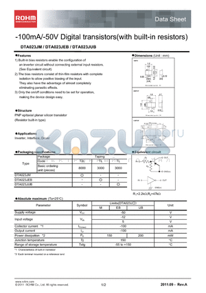 DTA023JM datasheet - 100mA/-50V Digital transistors(with built-in resistors)