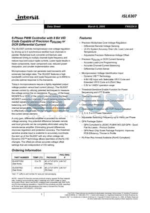 ISL6307 datasheet - 6-Phase PWM Controller with 8 Bit VID Code Capable of Precision RDS(ON) or DCR Differential Current