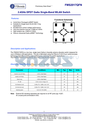 FMS2017-001 datasheet - 2.4GHz DPDT GaAs Single-Band WLAN Switch