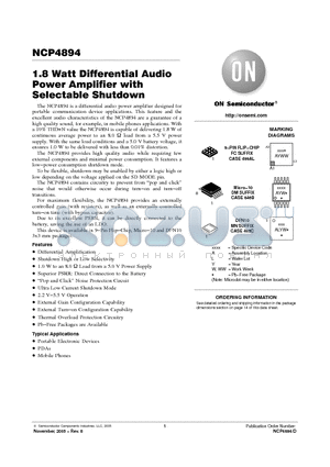 NCP4894FCT1G datasheet - 1.8 Watt Differential Audio Power Amplifier with Selectable Shutdown