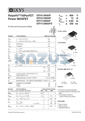 IXFQ12N80P datasheet - PolarHV HiPerFET Power MOSFET