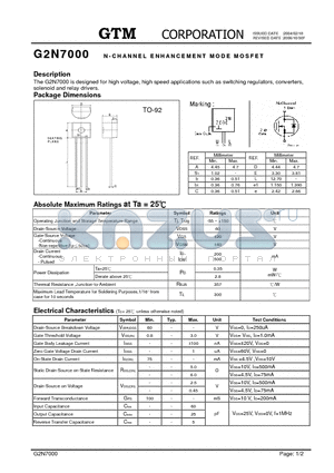 G2N7000 datasheet - N-CHANNEL ENHANCEMENT MODE MOSFET