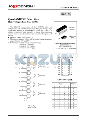 KK4019BDW datasheet - Quad AND/OR Select Gate High-Voltage Silicon-Gate CMOS