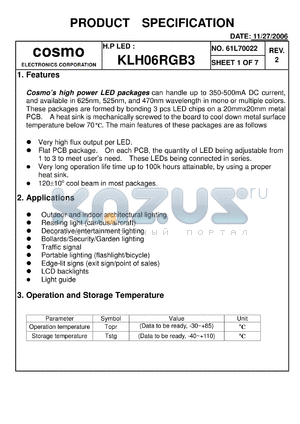 KLH06RGB3 datasheet - Cosmos high power LED packages can handle up to 350-500mA DC current