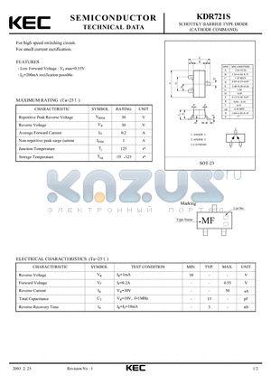 KDR721S datasheet - SCHOTTKY BARRIER TYPE DIODE(CATHODE COMMAND)
