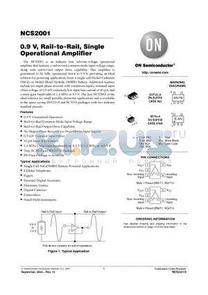 NCS2001 datasheet - 0.9 V, Rail-to-Rail, Single Operational Amplifier