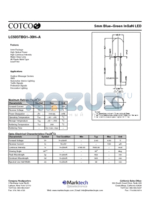 LC503TBG1-30H-A datasheet - 5mm Blue−Green InGaN LED