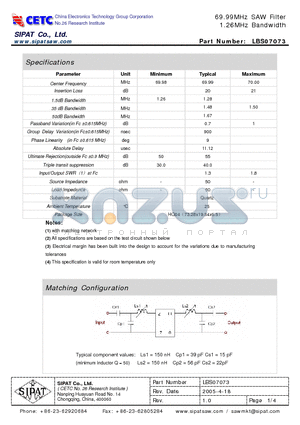 LBS07073 datasheet - 69.99MHz SAW Filter 1.26MHz Bandwidth