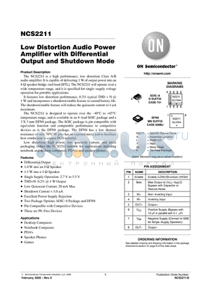 NCS2211DG datasheet - Low Distortion Audio Power Amplifier with Differential Output and Shutdown Mode