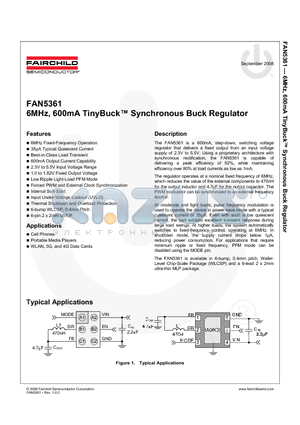 FAN5361UC15X datasheet - 6MHz, 600mA TinyBuck Synchronous Buck Regulator