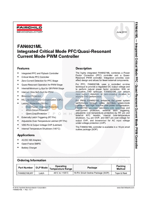 FAN6921ML datasheet - Integrated Critical Mode PFC/Quasi-Resonant Current Mode PWM Controller