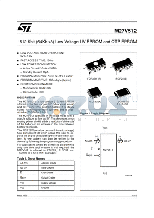 M27V512-150N6TR datasheet - 512 Kbit 64Kb x8 Low Voltage UV EPROM and OTP EPROM