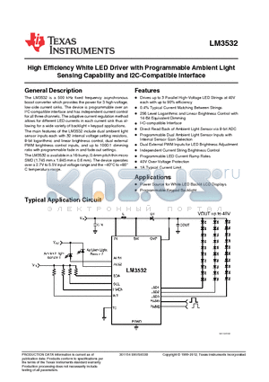 LM3532 datasheet - High Efficiency White LED Driver with Programmable Ambient Light Sensing Capability and I2C-Compatible Interface