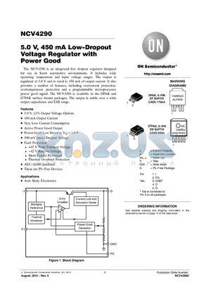 NCV4290 datasheet - 5.0 V, 450 mA Low-Dropout Voltage Regulator with Power Good