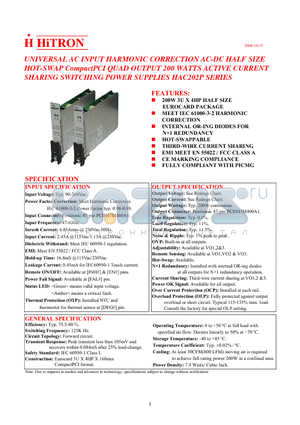 HAC202P-490 datasheet - UNIVERSAL AC INPUT HARMONIC CORRECTION AC-DC HALF SIZE HOT-SWAP CompactPCI QUAD OUTPUT 200 WATTS ACTIVE CURRENT SHARING SWITCHING POWER SUPPLIES