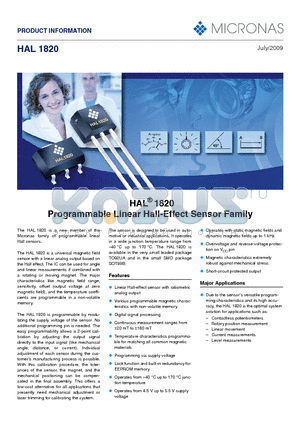 HAL1820 datasheet - Programmable Linear Hall-Effect Sensor Family