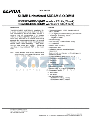 HB52RD649DC-A6BL datasheet - 512MB Unbuffered SDRAM S.O.DIMM