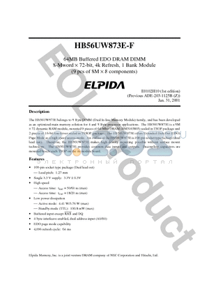 HB56UW873E-6F datasheet - 64MB Buffered EDO DRAM DIMM 8-Mword  72-bit, 4k Refresh, 1 Bank Module (9 pcs of 8M  8 components)