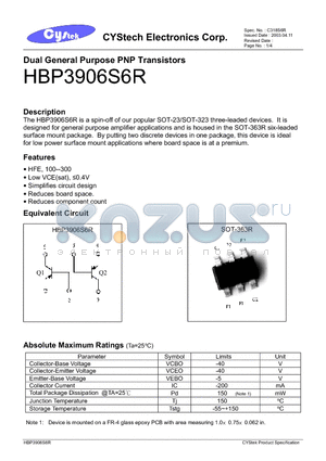 HBP3906S6R datasheet - Dual General Purpose PNP Transistors