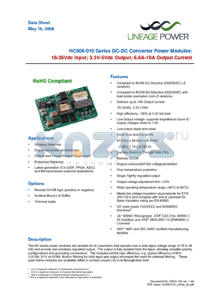 HC006A6A61Z datasheet - 18-36Vdc Input; 3.3V & 5Vdc Output; 6.6A - 10A Output Current