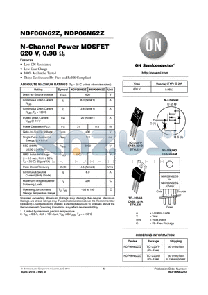 NDF06N62ZG datasheet - N-Channel Power MOSFET 620 V, 0.98 ,