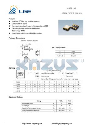 NDF9196 datasheet - 1SAW FILTER 1590 MHz