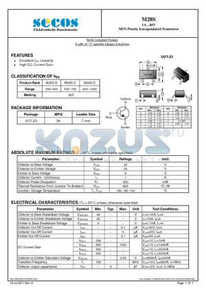 M28S datasheet - 1A , 40V NPN Plastic Encapsulated Transistor