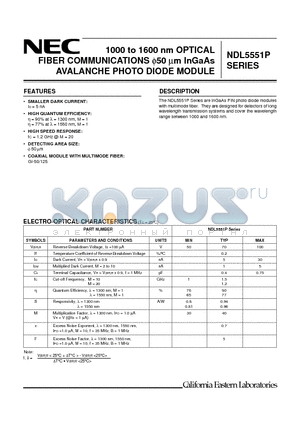 NDL5551P_00 datasheet - 1000 to 1600 nm OPTICAL FIBER COMMUNICATIONS 50 um InGaAs AVALANCHE PHOTO DIODE MODULE