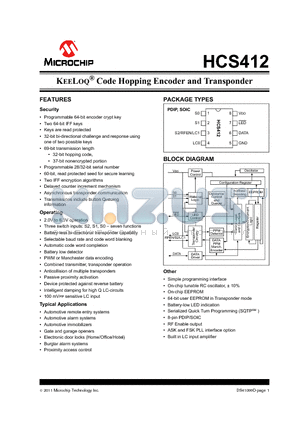 HCS412 datasheet - KEELOQ^ Code Hopping Encoder and Transponder Burglar alarm systems