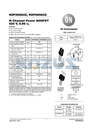 NDP06N62Z datasheet - N-Channel Power MOSFET 620 V, 0.98 ,