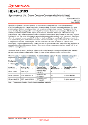 HD74LS193FPEL datasheet - Synchronous Up / Down Decade Counter (dual clock lines)