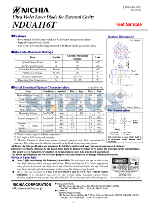 NDUA116T datasheet - Ultra Violet Laser Diode for External Cavity