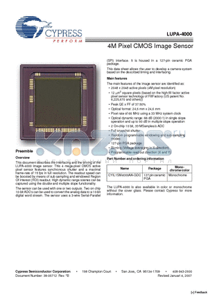 LUPA-4000-M datasheet - 4M Pixel CMOS Image Sensor