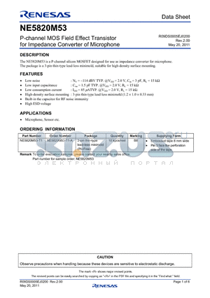 NE5820M53 datasheet - P-channel MOS Field Effect Transistor for Impedance Converter of Microphone