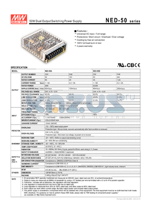 NED-50 datasheet - 50W Dual Output Switching Power Supply