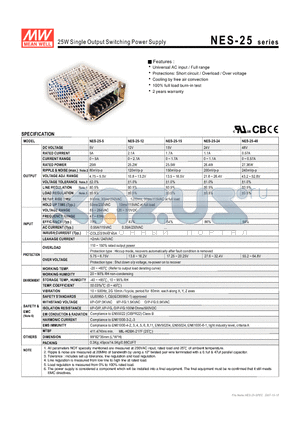 NES-25 datasheet - 25W Single Output Switching Power Supply