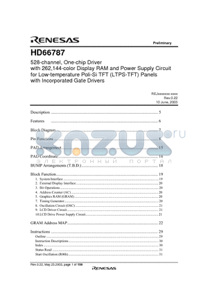 HD66787 datasheet - 528-channel, One-chip Driver with 262,144-color Display RAM and Power Supply Circuit for Low-temperature Poli-Si TFT (LTPS-TFT) Panels with Incorporat