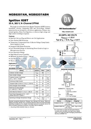 NGB8207AN_11 datasheet - Ignition IGBT 20 A, 365 V, N.Channel D2PAK