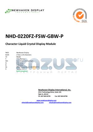 NHD-0220FZ-FSW-GBW-P datasheet - Character Liquid Crystal Display Module