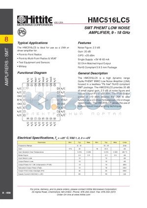 HMC516LC5 datasheet - SMT PHEMT LOW NOISE AMPLIFIER, 9 - 18 GHz