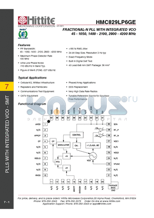 HMC829LP6GE_1109 datasheet - FRACTIONAL-N PLL WITH INTEGRATED VCO 45 - 1050, 1400 - 2100, 2800 - 4200 MHz