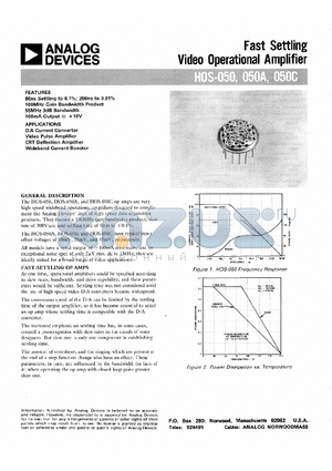 HOS-050C datasheet - Fast Settling Video Operational Amplifier