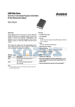 HDSP-B582 datasheet - 53.3 mm (2.1 inch) General Purpose 5 x 8 Dot Matrix Bi-Color Alphanumeric Displays