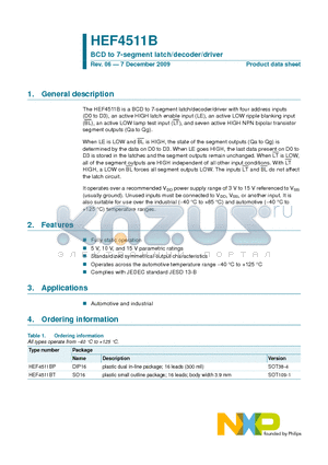 HEF4511BT datasheet - BCD to 7-segment latch/decoder/driver