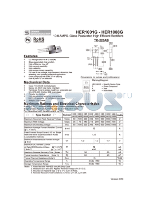 HER1005G datasheet - 10.0 AMPS. Glass Passivated High Efficient Rectifiers
